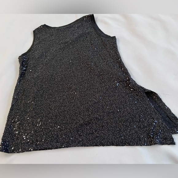 Eileen Fisher Black Silk Stretch Sequin Asymmetrical Tank w/Side Slit Sz PP - Picture 13 of 13